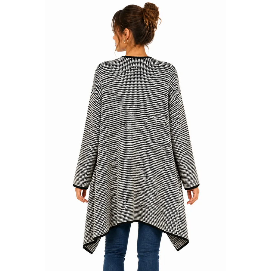 Women’s Black & White Oversized Knit Cardigan – Open Front Longline Sweater
