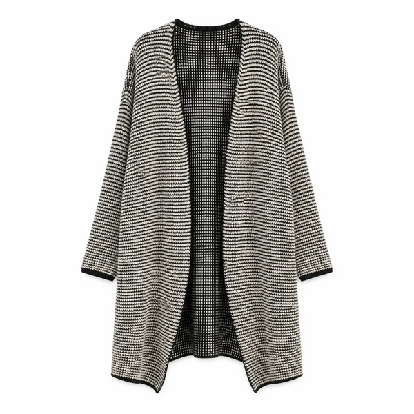 Women’s Black & White Oversized Knit Cardigan – Open Front Longline Sweater