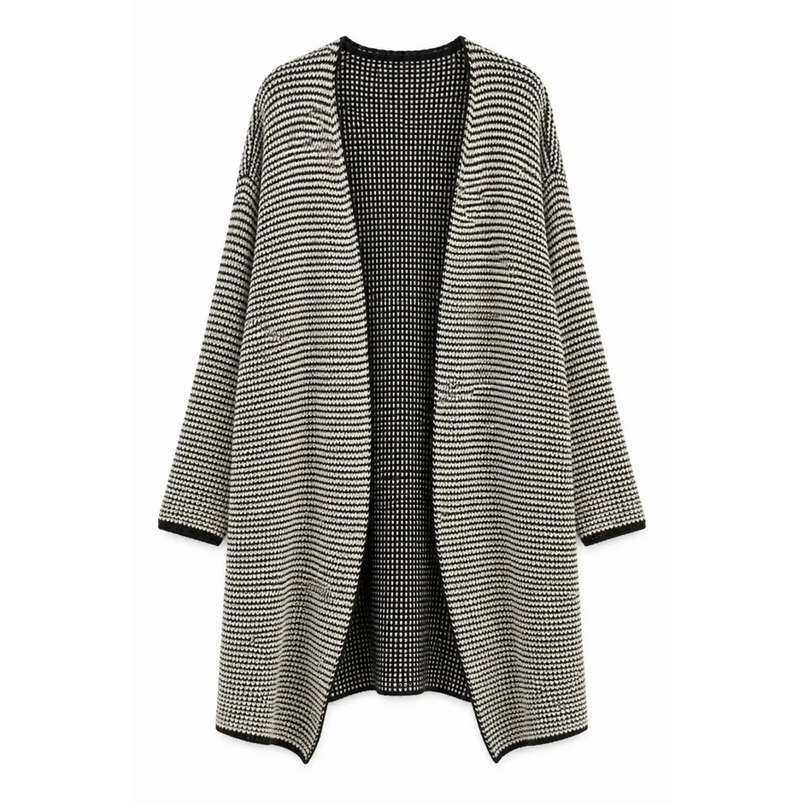 Women’s Black & White Oversized Knit Cardigan – Open Front Longline Sweater
