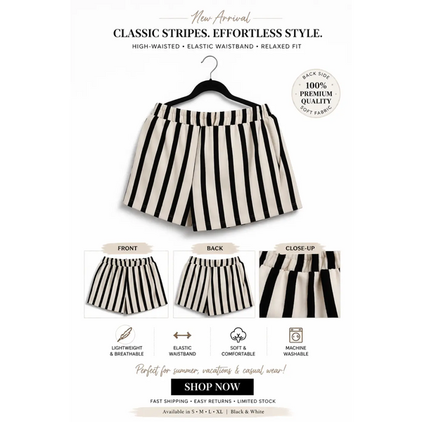 Women’s Black & White Striped High-Waisted Shorts – Elastic Waist Relaxed Fit - Women’s Shorts