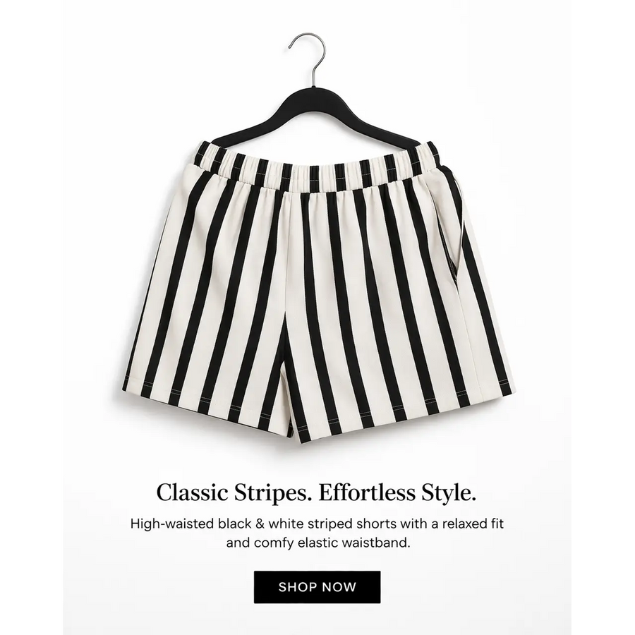 Women’s Black & White Striped High-Waisted Shorts – Elastic Waist Relaxed Fit - Women’s Shorts