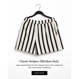 Women’s Black & White Striped High-Waisted Shorts – Elastic Waist Relaxed Fit - Women’s Shorts