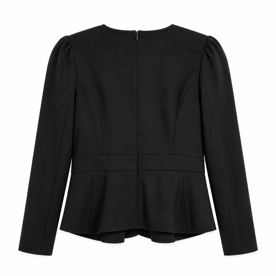 Women’s Black Wrap Peplum Blazer – Elegant V-Neck Tailored Jacket