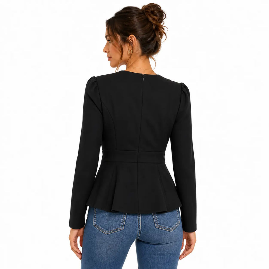Women’s Black Wrap Peplum Blazer – Elegant V-Neck Tailored Jacket