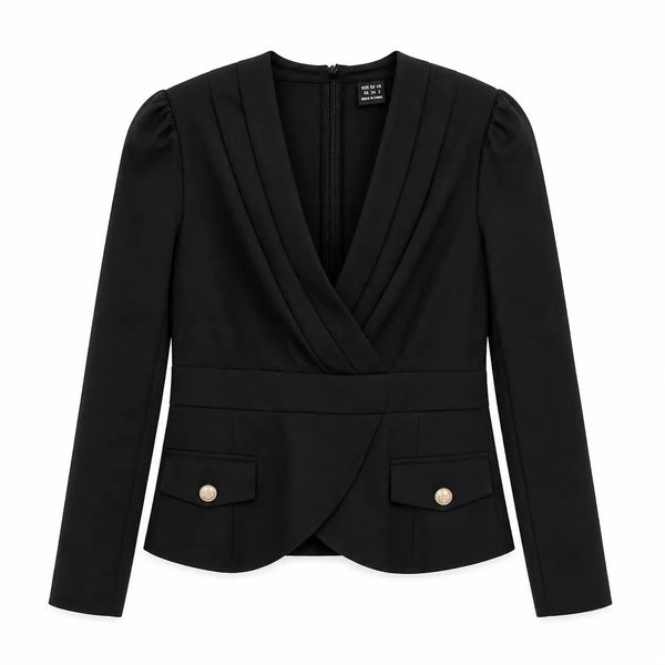 Women’s Black Wrap Peplum Blazer – Elegant V-Neck Tailored Jacket