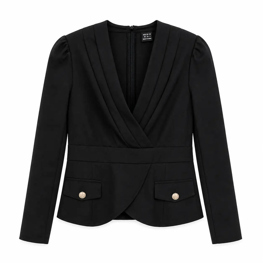 Women’s Black Wrap Peplum Blazer – Elegant V-Neck Tailored Jacket