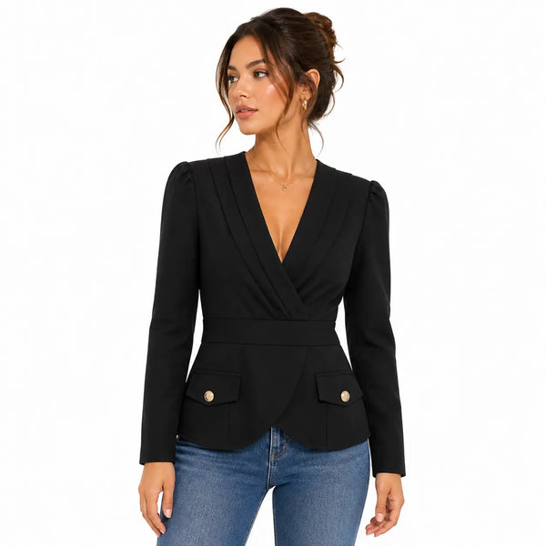 Women’s Black Wrap Peplum Blazer – Elegant V-Neck Tailored Jacket