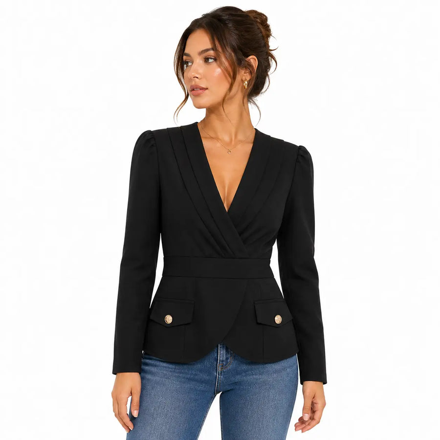 Women’s Black Wrap Peplum Blazer – Elegant V-Neck Tailored Jacket
