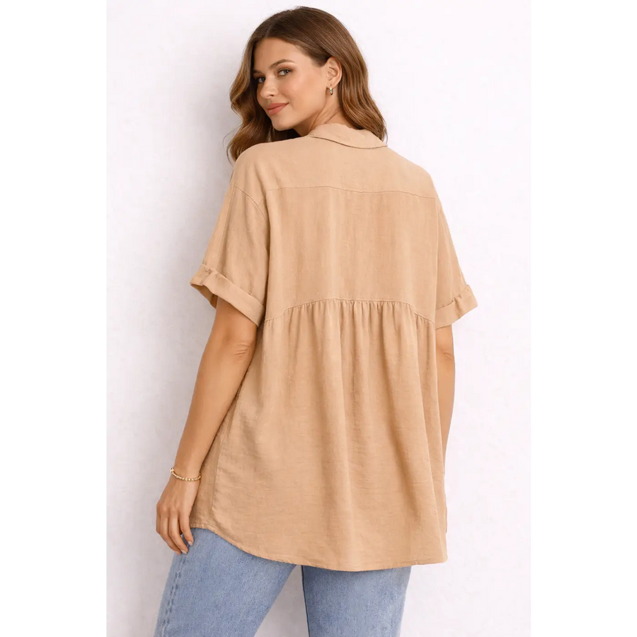 Women’s Button-Up Babydoll Blouse – Loose Fit Short Sleeve Shirt - Tops