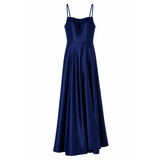Women’s Elegant Navy Satin Maxi Dress – Sleeveless Evening Gown