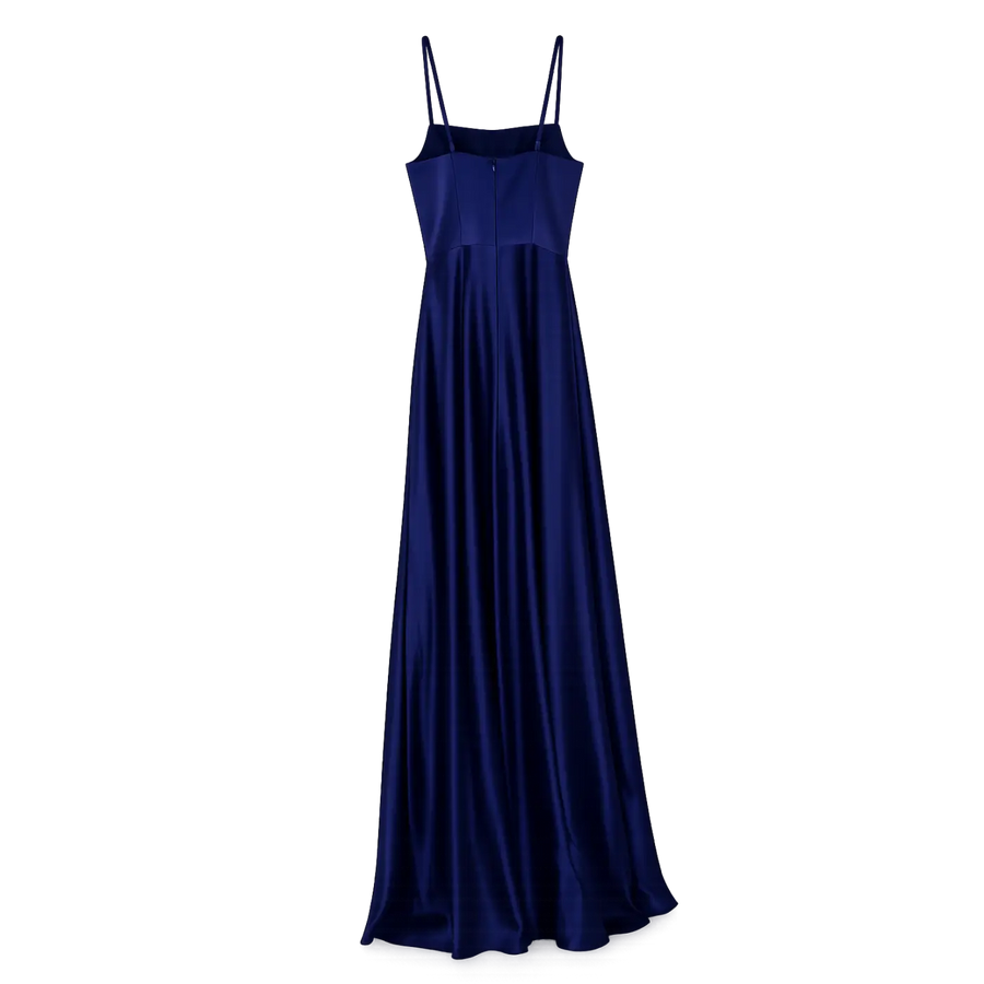 Women’s Elegant Navy Satin Maxi Dress – Sleeveless Evening Gown