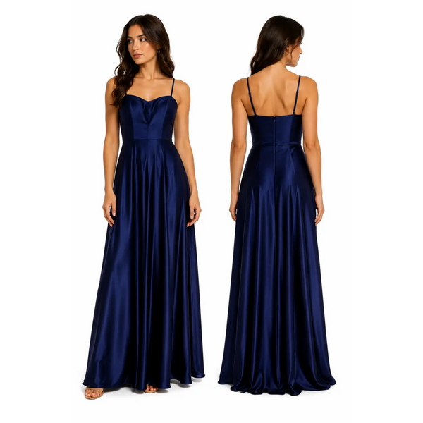 Women’s Elegant Navy Satin Maxi Dress – Sleeveless Evening Gown