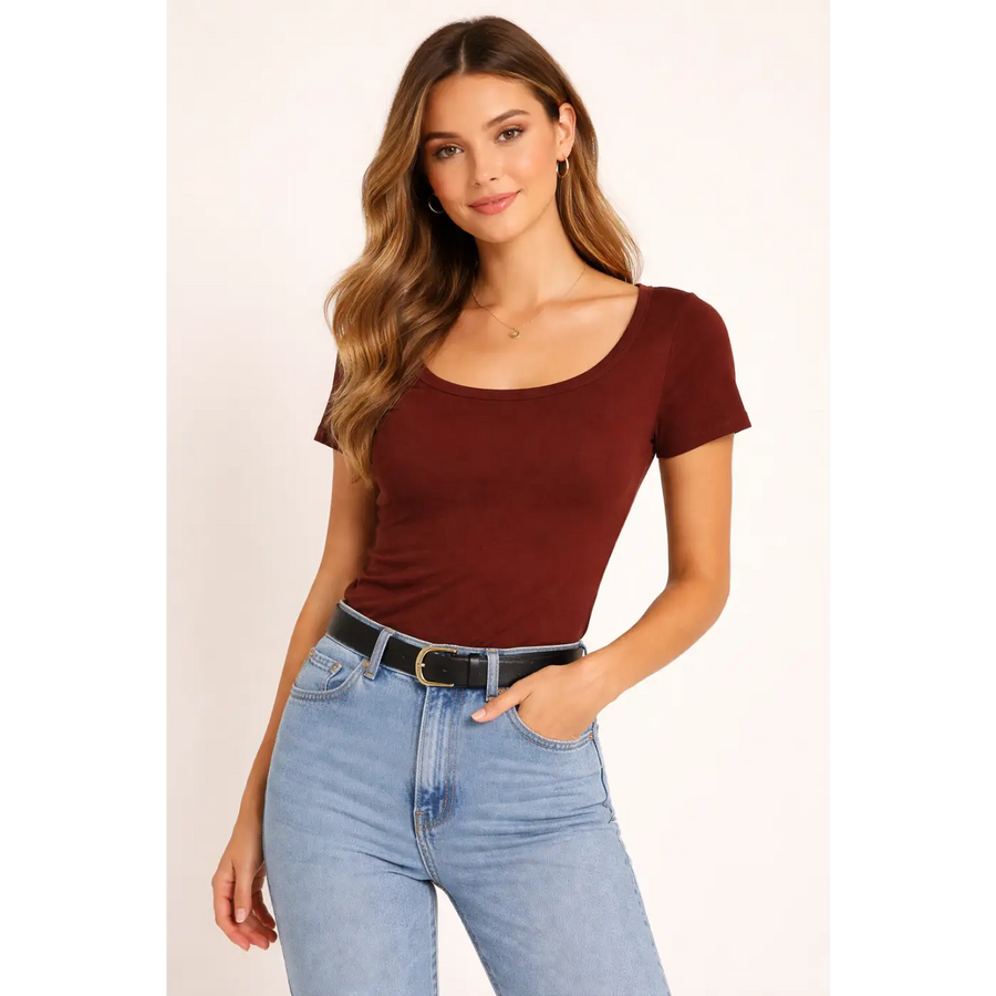 Women’s Fitted Scoop Neck Crop Top – Soft Stretch Everyday Tee - Top / T-Shirt
