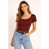 Women’s Fitted Scoop Neck Crop Top – Soft Stretch Everyday Tee - Top / T-Shirt