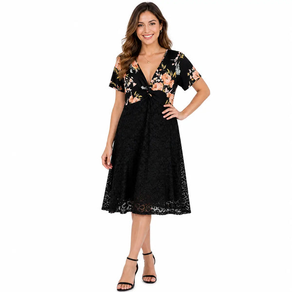 Women’s Floral Lace Midi Dress – V-Neck Twist Front Elegant Summer Dress