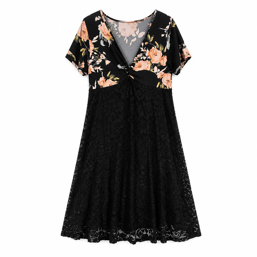 Women’s Floral Lace Midi Dress – V-Neck Twist Front Elegant Summer Dress