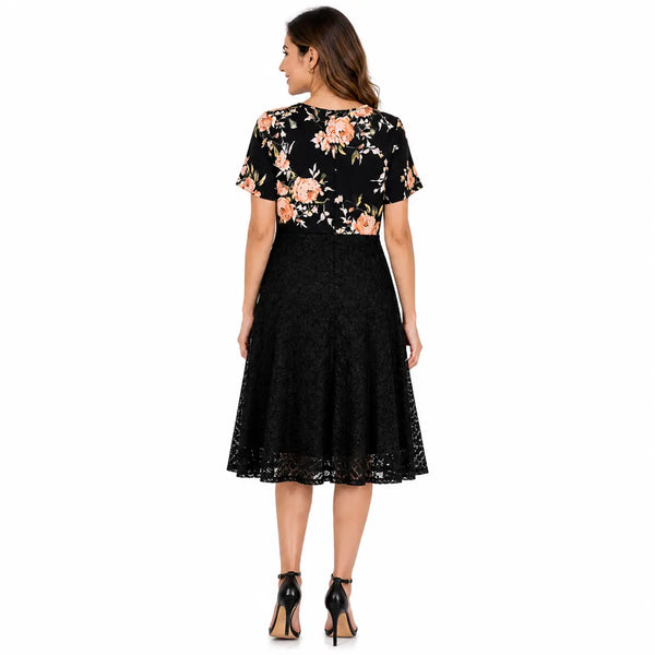 Women’s Floral Lace Midi Dress – V-Neck Twist Front Elegant Summer Dress