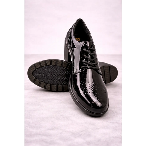 Women’s Glossy Black Oxford Heels – Patent Leather Lace-Up Block Heel Shoes