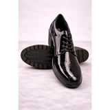 Women’s Glossy Black Oxford Heels – Patent Leather Lace-Up Block Heel Shoes
