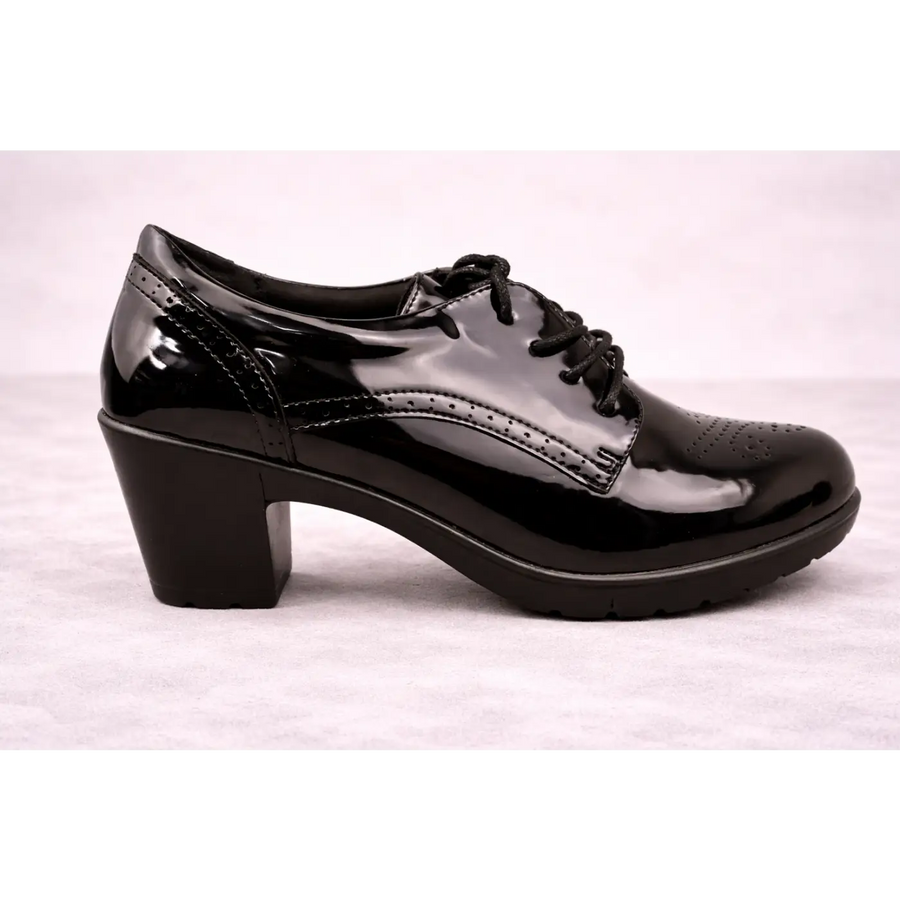 Women’s Glossy Black Oxford Heels – Patent Leather Lace-Up Block Heel Shoes