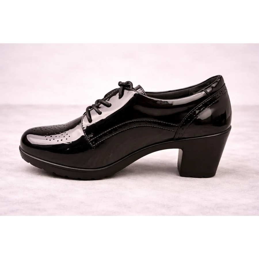 Women’s Glossy Black Oxford Heels – Patent Leather Lace-Up Block Heel Shoes