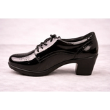 Women’s Glossy Black Oxford Heels – Patent Leather Lace-Up Block Heel Shoes