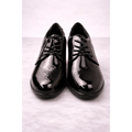Women’s Glossy Black Oxford Heels – Patent Leather Lace-Up Block Heel Shoes