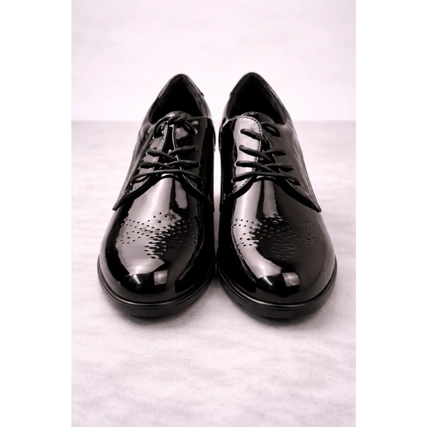 Women’s Glossy Black Oxford Heels – Patent Leather Lace-Up Block Heel Shoes