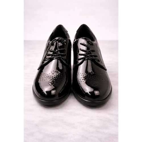 Women’s Glossy Black Oxford Heels – Patent Leather Lace-Up Block Heel Shoes