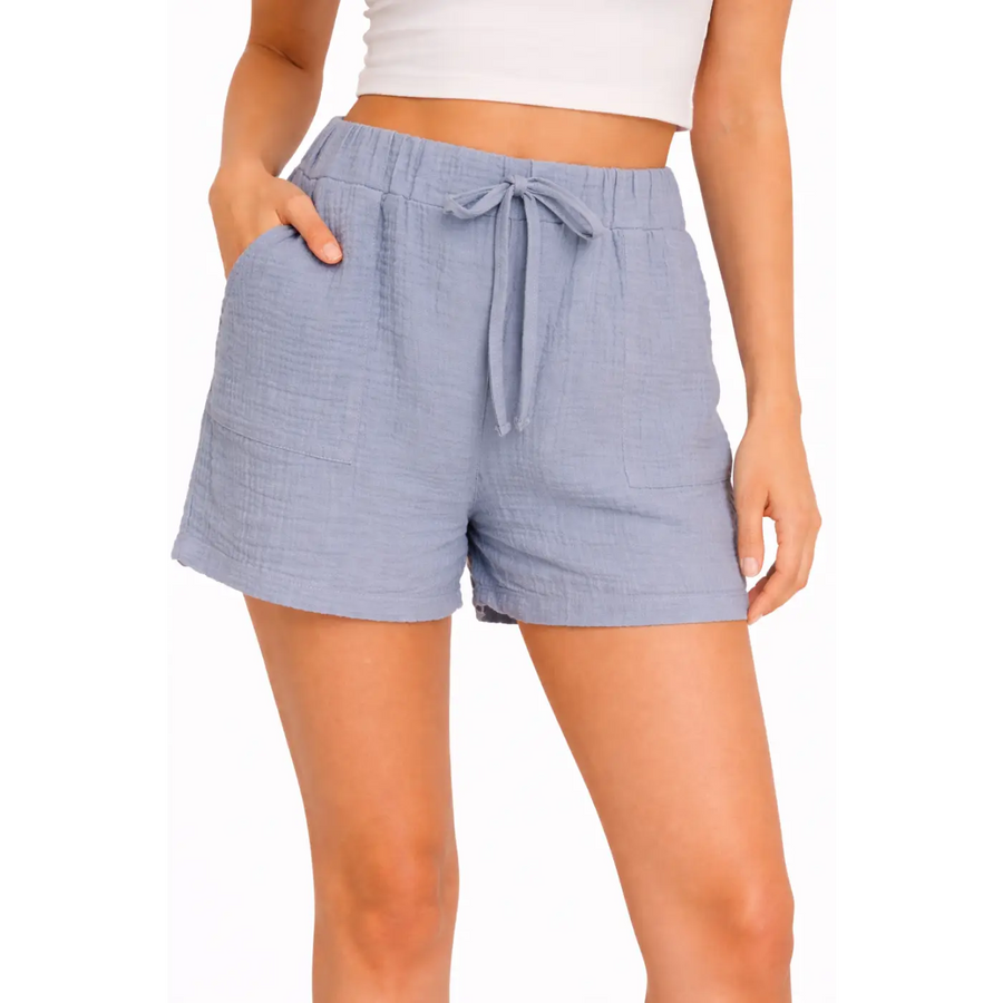 Women’s Lightweight Lounge Set – Button Shirt & Drawstring Shorts (Blue)