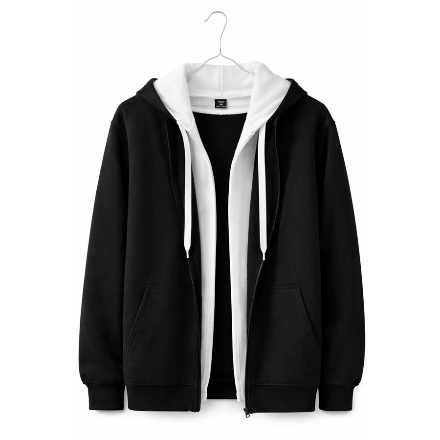 Women’s Longline Zip-Up Hoodie Jacket – Black & White Contrast - Hoodies & Sweatshirts