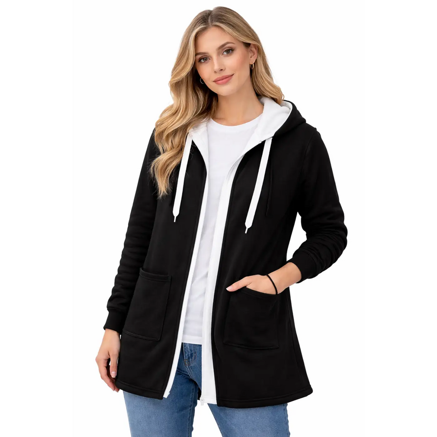 Women’s Longline Zip-Up Hoodie Jacket – Black & White Contrast - Hoodies & Sweatshirts