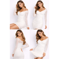 Women’s Off-Shoulder Ruched Bodycon Mini Dress – Long Sleeve Mesh Party Dress - Dresses
