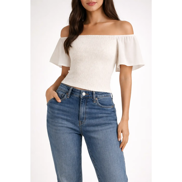 Women’s Off-Shoulder Smocked Top – Flowy Sleeve Summer Blouse - Top / Blouse