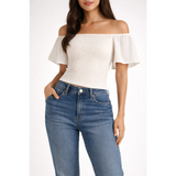 Women’s Off-Shoulder Smocked Top – Flowy Sleeve Summer Blouse - Top / Blouse