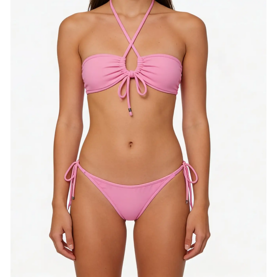 Women’s Pink Ruched Bandeau String Bikini Set