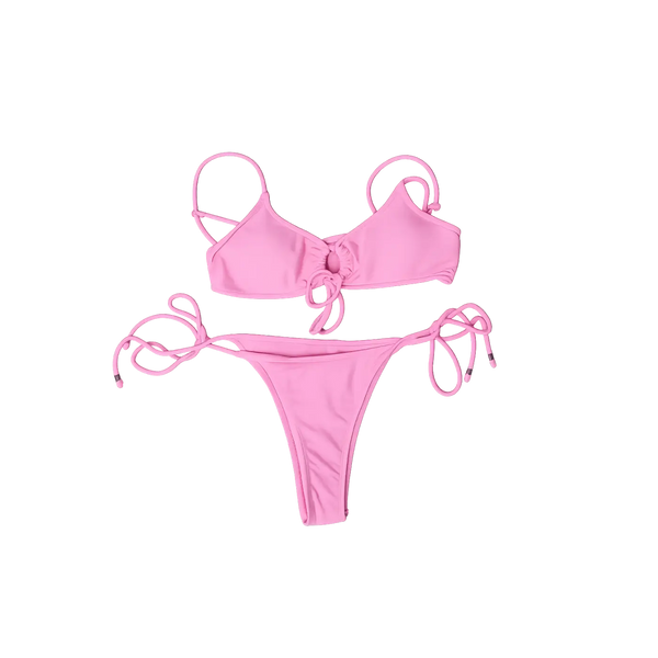 Women’s Pink Ruched Bandeau String Bikini Set