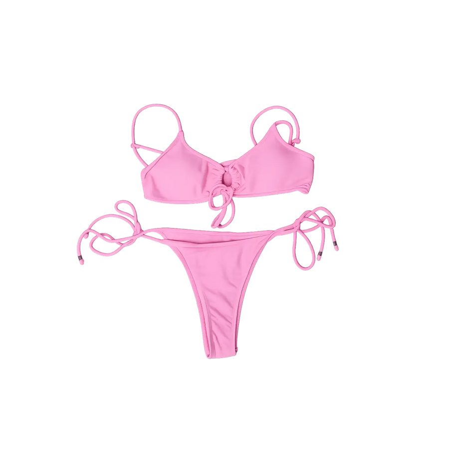 Women’s Pink Ruched Bandeau String Bikini Set
