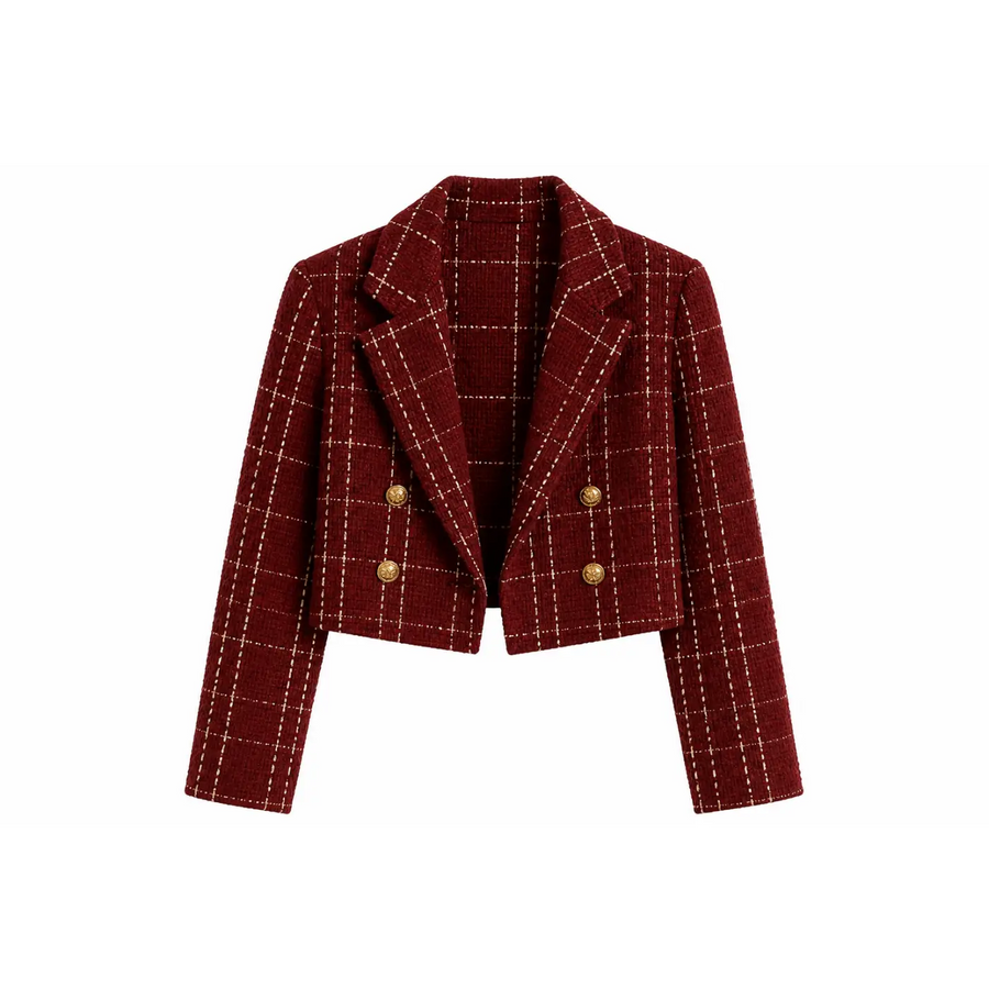 Women’s Red Plaid Two-Piece Set – Cropped Blazer & Pleated Skirt Outfit