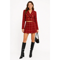 Women’s Red Plaid Two-Piece Set – Cropped Blazer & Pleated Skirt Outfit