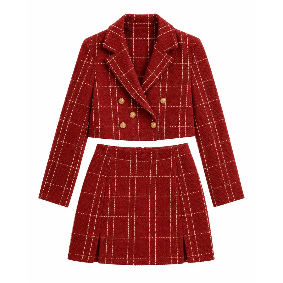 Women’s Red Plaid Two-Piece Set – Cropped Blazer & Pleated Skirt Outfit