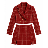 Women’s Red Plaid Two-Piece Set – Cropped Blazer & Pleated Skirt Outfit