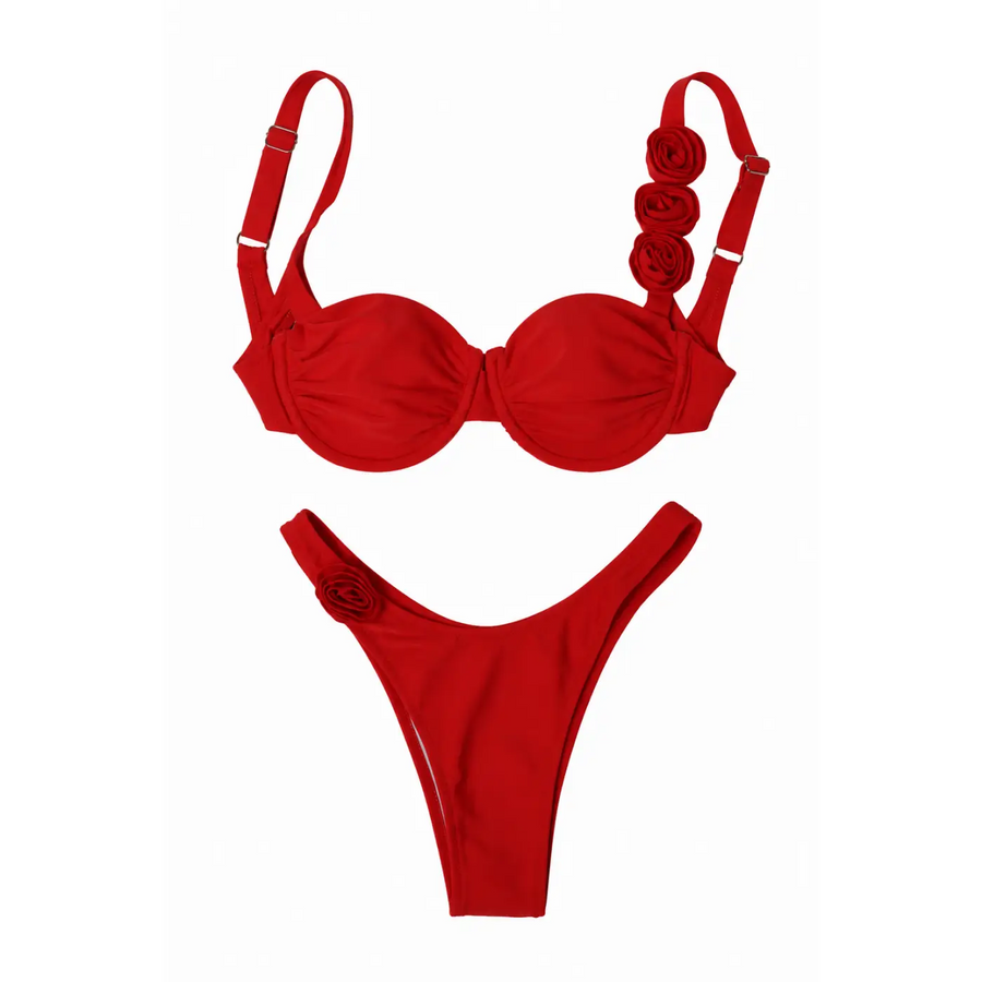 Women’s Red Rose Detail Underwire Bikini Set - 2-Piece Set / Crop Top & Shorts / Matching Set
