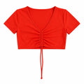 Women’s Red Ruched Crop Top & Drawstring Shorts Set – 2 Piece Lounge Outfit