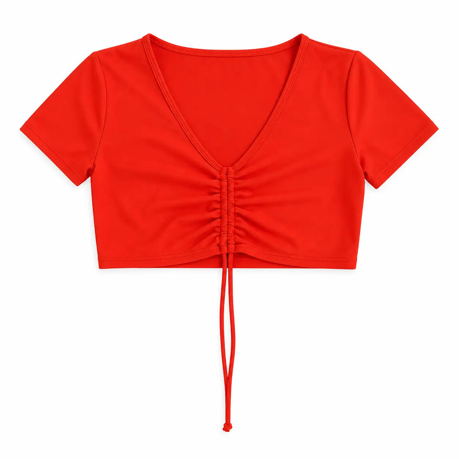 Women’s Red Ruched Crop Top & Drawstring Shorts Set – 2 Piece Lounge Outfit