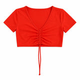Women’s Red Ruched Crop Top & Drawstring Shorts Set – 2 Piece Lounge Outfit