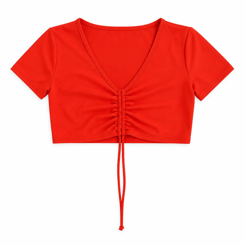 Women’s Red Ruched Crop Top & Drawstring Shorts Set – 2 Piece Lounge Outfit