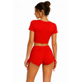 Women’s Red Ruched Crop Top & Drawstring Shorts Set – 2 Piece Lounge Outfit