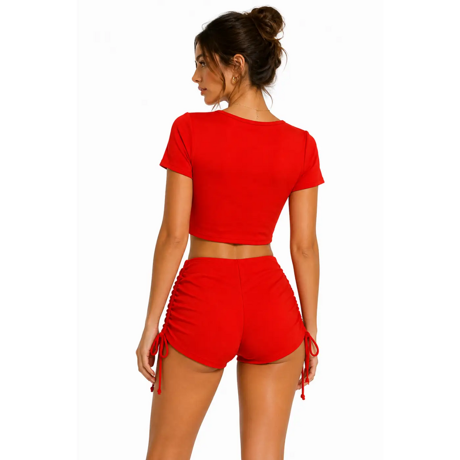 Women’s Red Ruched Crop Top & Drawstring Shorts Set – 2 Piece Lounge Outfit