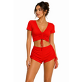 Women’s Red Ruched Crop Top & Drawstring Shorts Set – 2 Piece Lounge Outfit